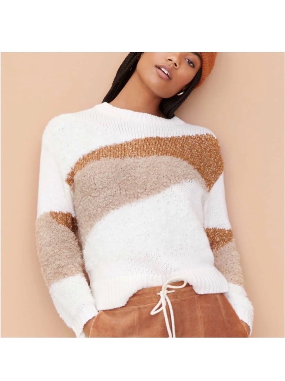 Lou & Grey x‎ Ann Taylor Loft Soft Cozy Cream Brown Fuzzy Abstract Sweater L